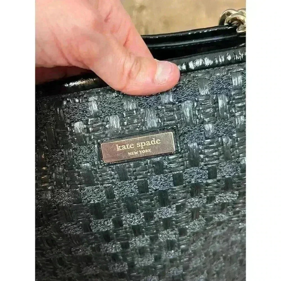 Kate Spade Woven Shoulder Bag Gold Tone Chain Satchel Black 10X16 Large - Picture 5 of 16